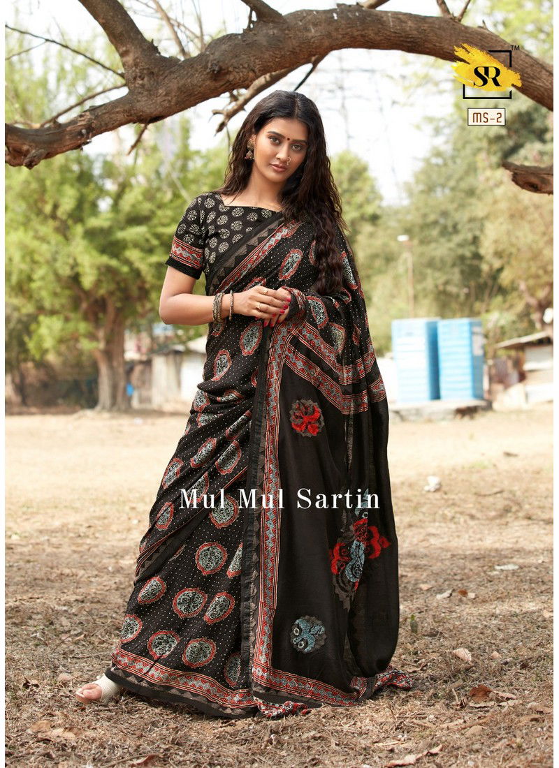 Black Colour RajYog Mul Mul Sartin Exclusive Casual Wear Designer Printed Soft Mal Mal Sartin Silk Saree 02 